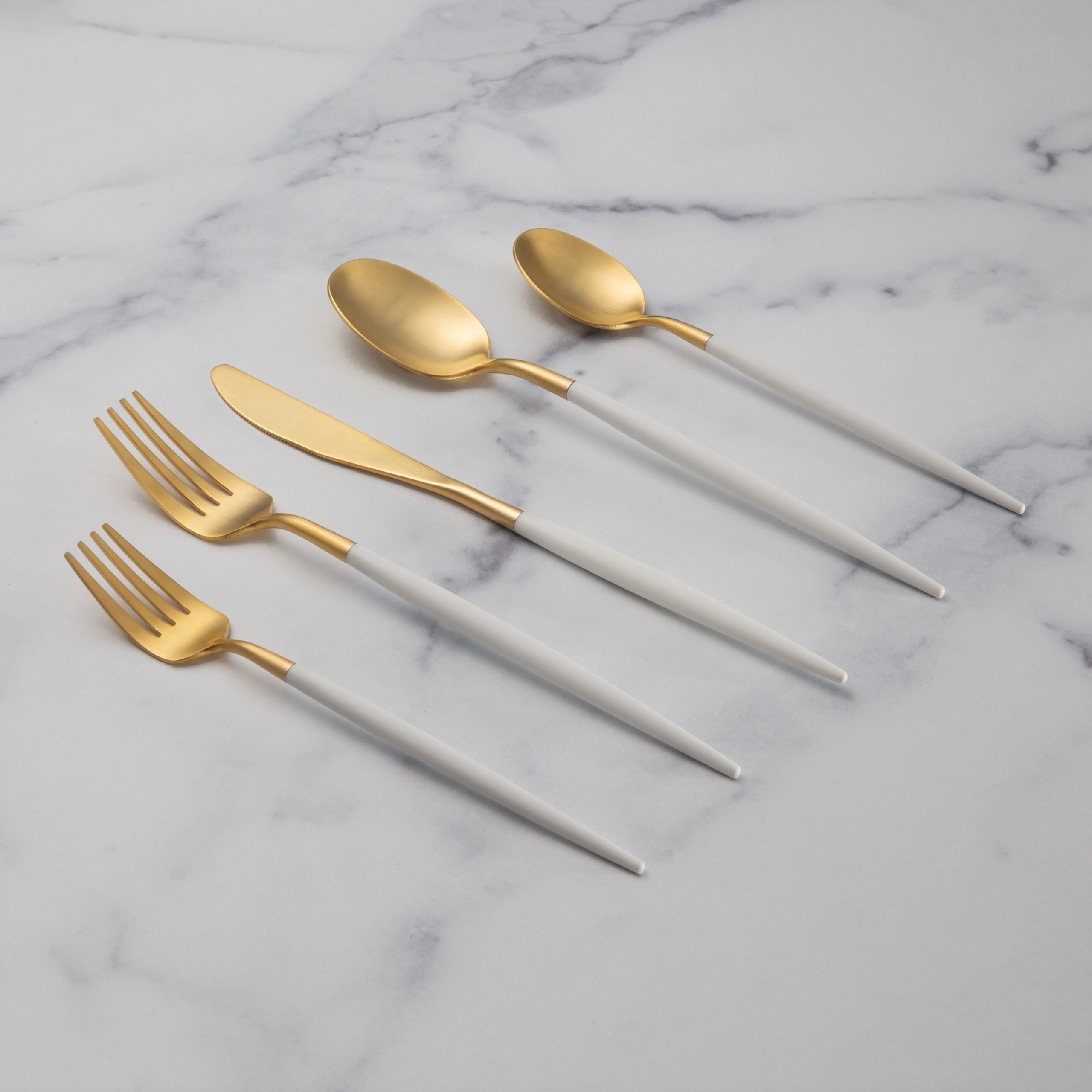 Mazzy Gold Satin White Pom Handle 20 Piece Flatware Set - Image 5