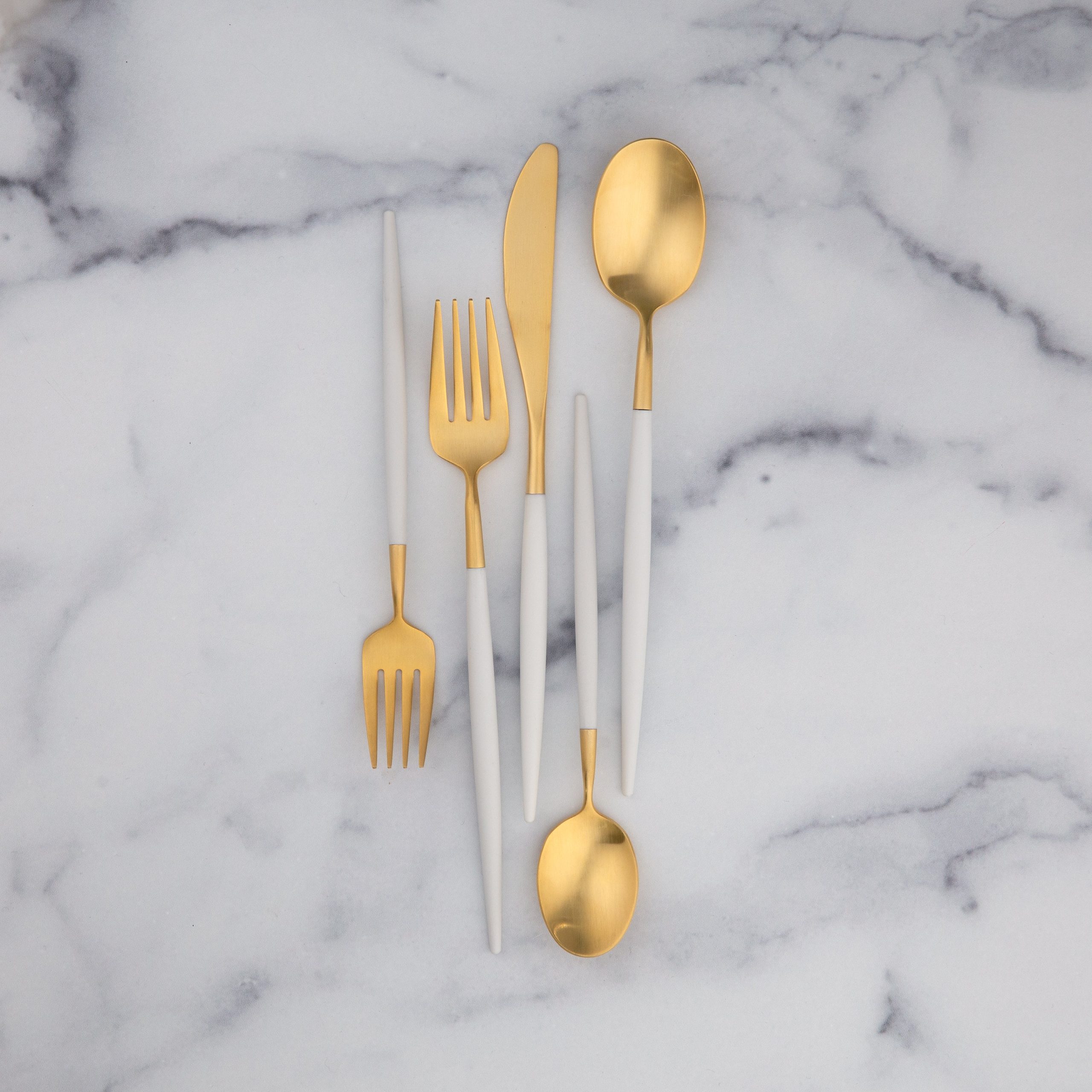 Mazzy Gold Satin White Pom Handle 20 Piece Flatware Set - Image 2